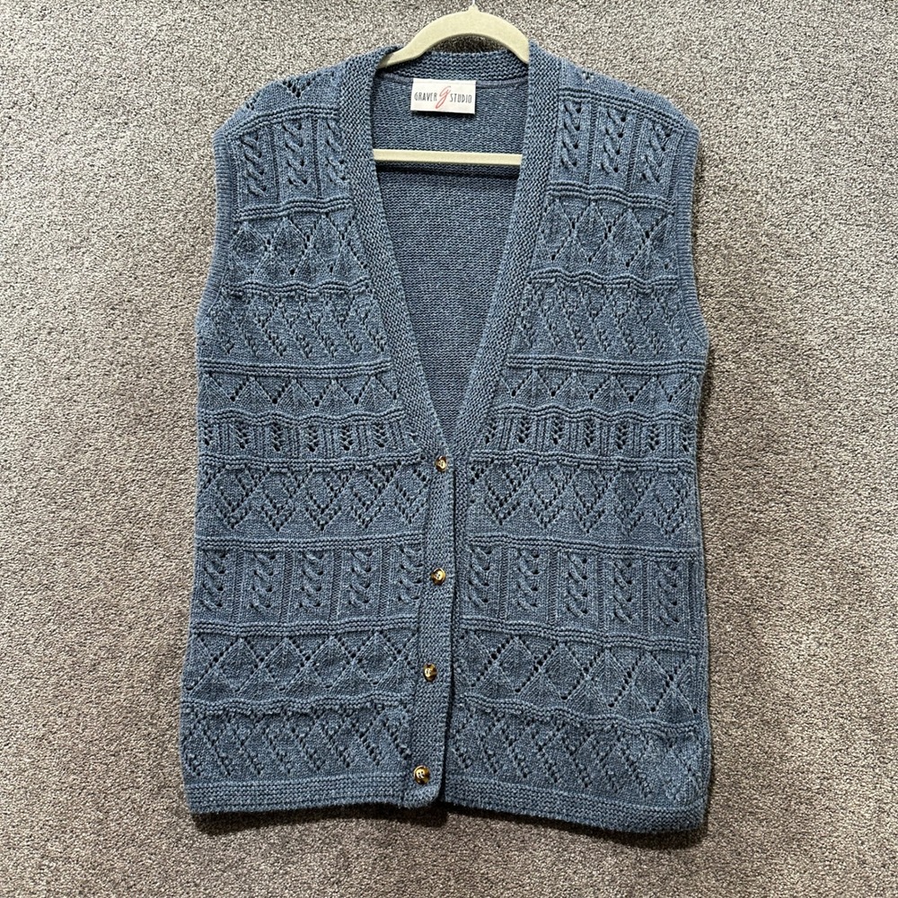 Graver Studio Blue Knit Button Front Vest Pointelle Cable Geometric USA L 14/16
